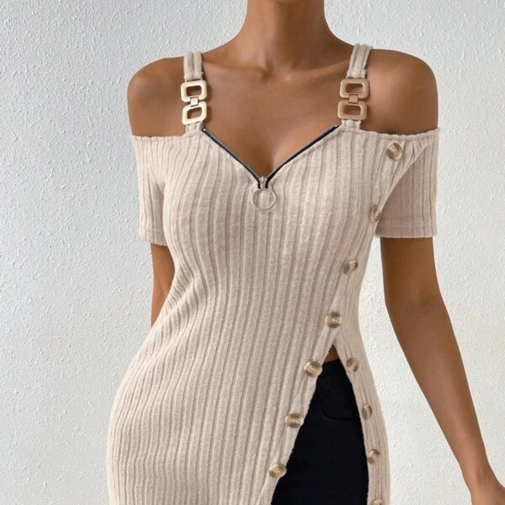 Apricot Beige Chain Detail Split Hem Tee